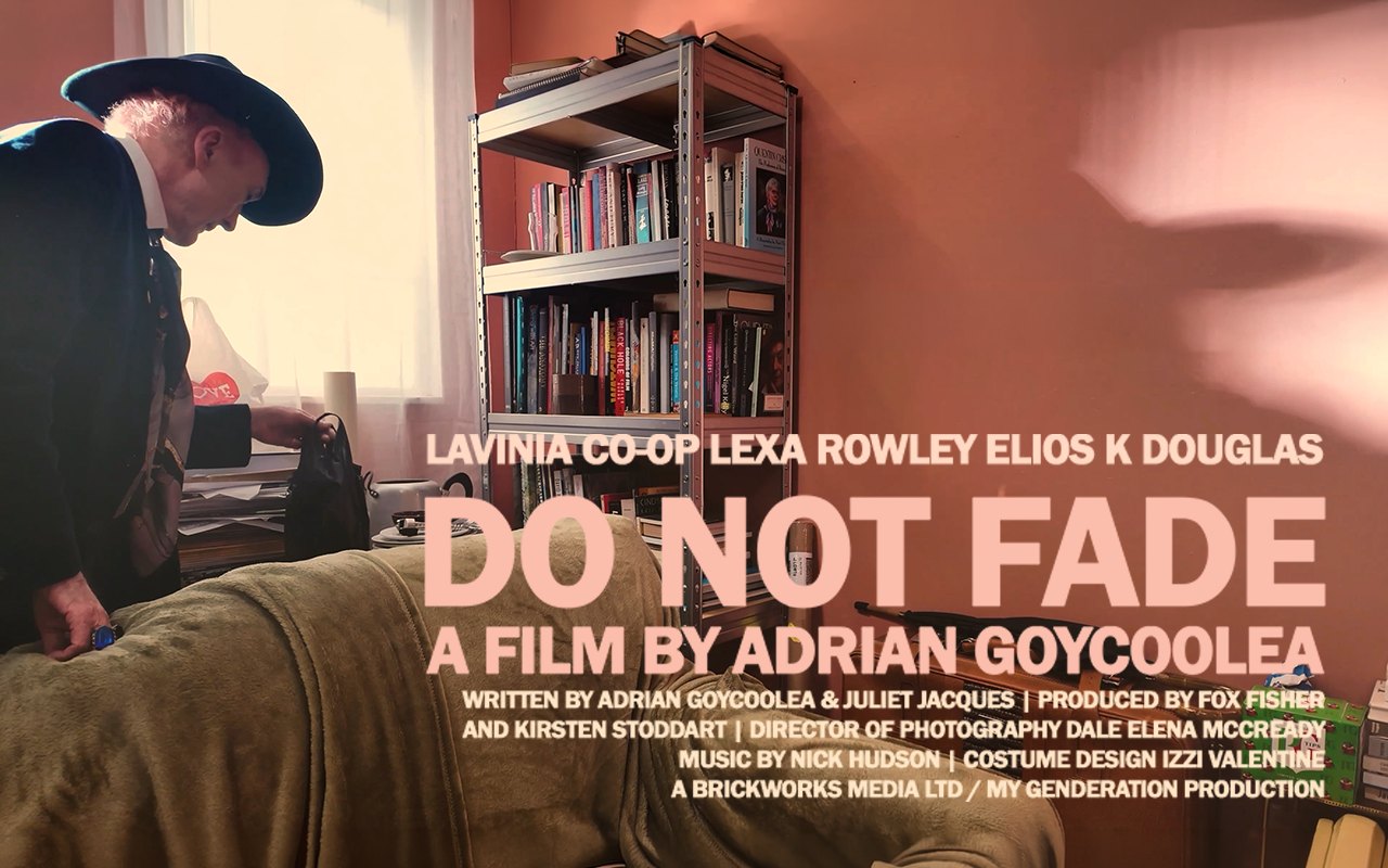 Poster. Lavinia Co-op, in hat and velvet jacket, bends over an armchair in front of steel shelves full of books, with the window behind. Title: Do Not Fade.